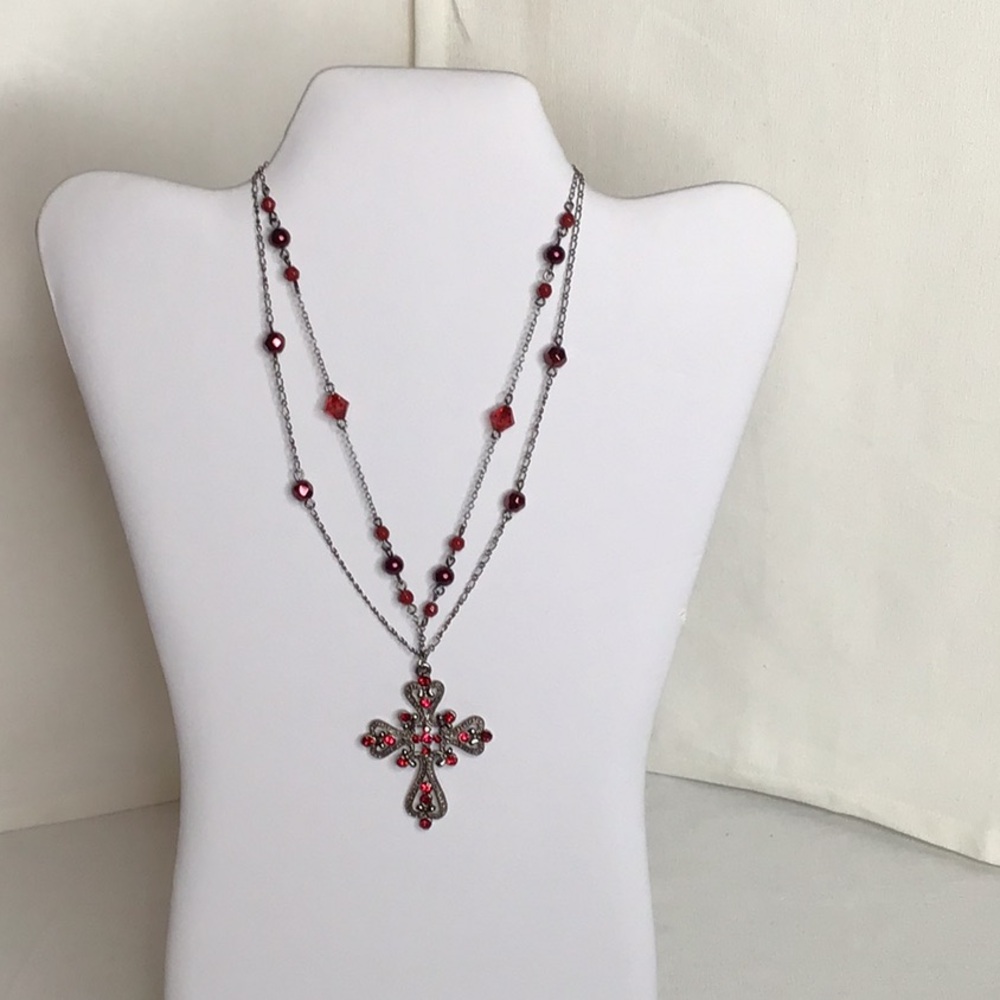 Elegant Red and Silver Cross Pendant Necklace - Picture 2 of 4
